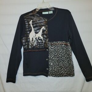 220 Hickory M? Giraffe Zebra Leopard Cardigan Brown Beaded Fringe  Longsleeve G1